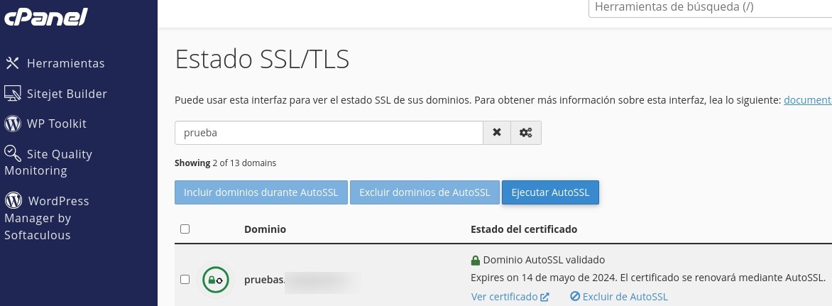 Instalación exitosa de certificado SSL gratuito en cPanel