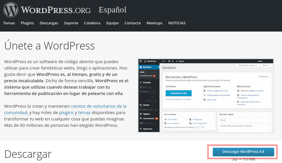 Descarga de la versión en Español de WordPress