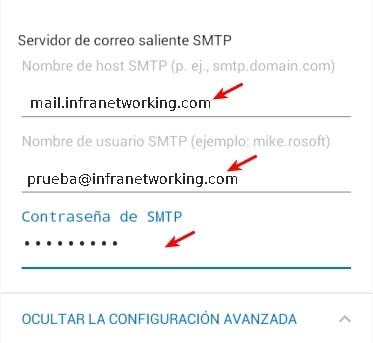 configurar SMTP correo outlook android