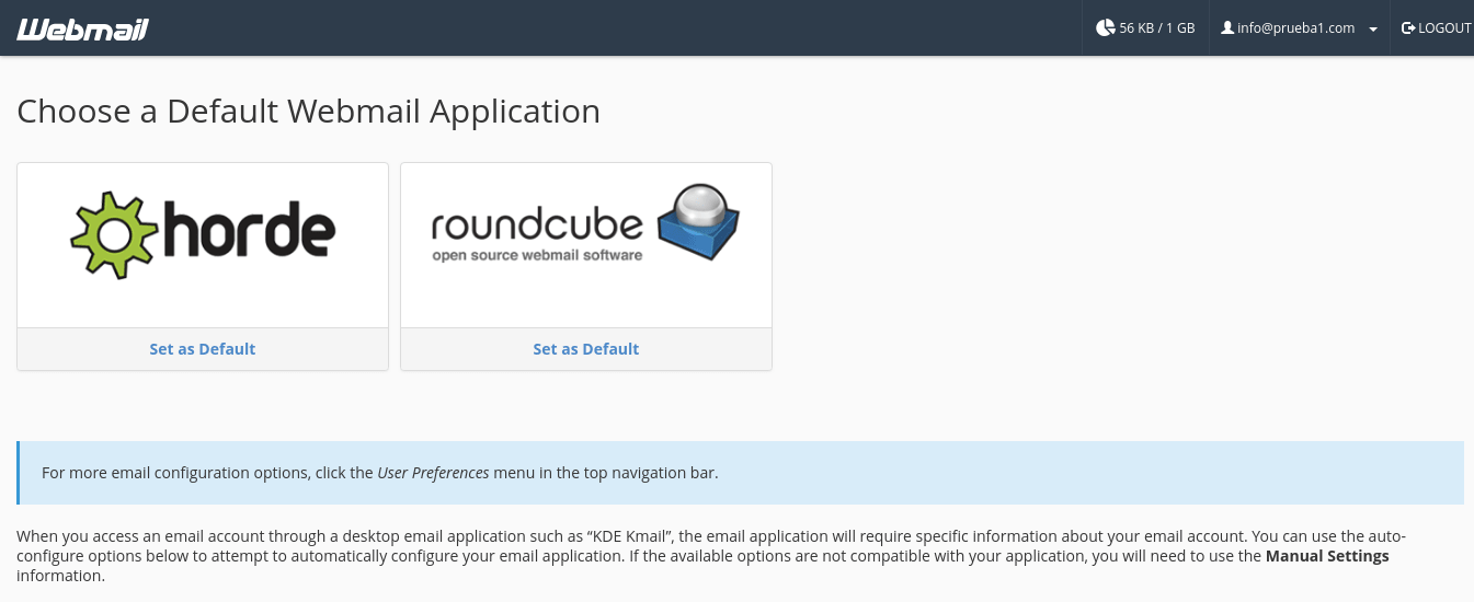 Inicio webmail elegir Roundcube o Horde 