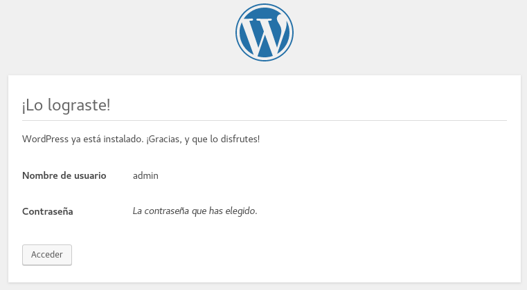 Instalación exitosa de WordPress