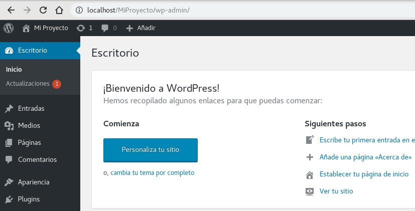 Administrador del WP - Instalar WordPress en local, paso final.