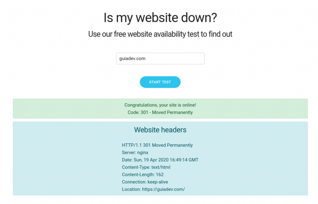 Websitedown captura del reporte de estado HTTP