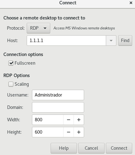 Colocamos los datos de acceso en Remote Desktop Viewer para conectar al escritorio remoto de Windows Server