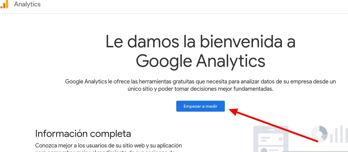 Pantalla de bienvenida de Google Analytics