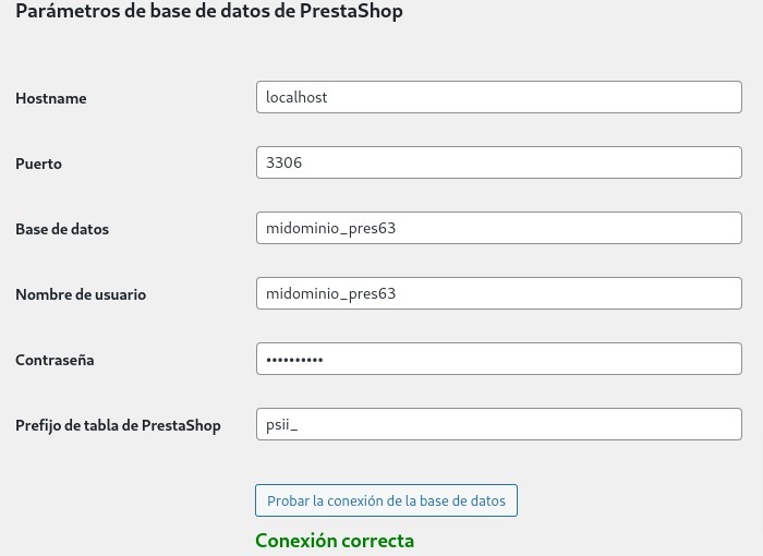 Parámetros de la base de datos de Prestashop que se migrará a WooCommerce