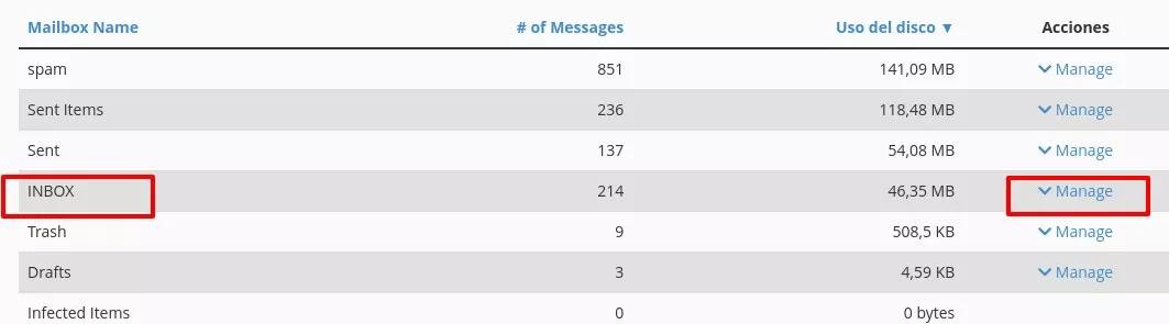 Elegimos la carpeta donde se borrarán los emails