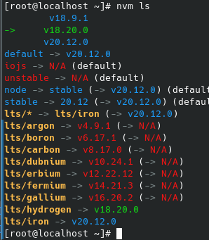 NVM muestra las versiones instaladas de Node.JS